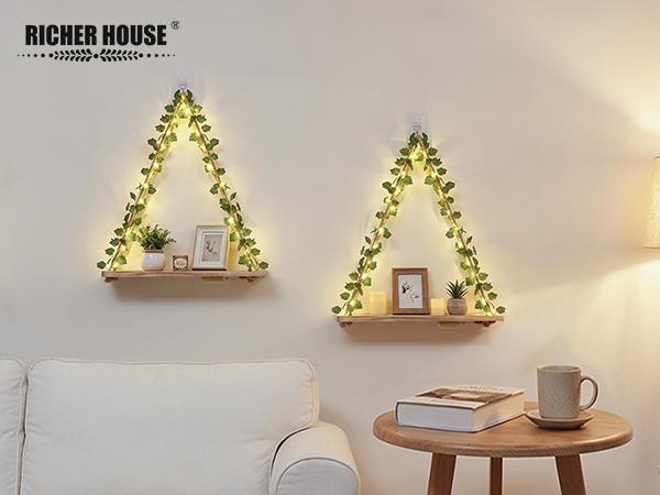 RICHER HOUSE Artificial Ivy LED-Strip Wall Hanging Shelves, Macrame Shelf for Bedroom Bathroom Living Room Kitchen, Wood Hanging Plant Shelves for Wall Décor RICHER HOUSE Artificial Ivy LED-Strip Wall Hanging Shelves, Macrame Shelf for Bedroom Bathroom Living Room Kitchen, Wood Hanging Plant Shelves for Wall Décor