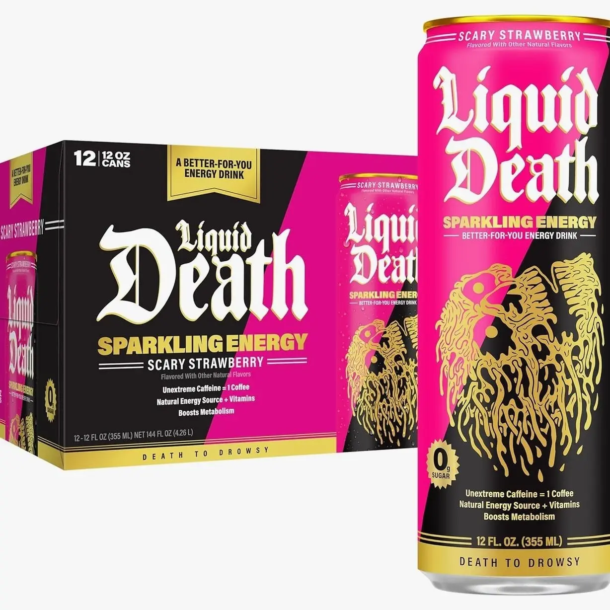 Liquid Death Sparkling Energy - Scary Strawberry, Zero Sugar Energy Drink, Unextreme Caffeine 100mg, Essential Vitamins, 12 Fl Oz (Pack of 12)
