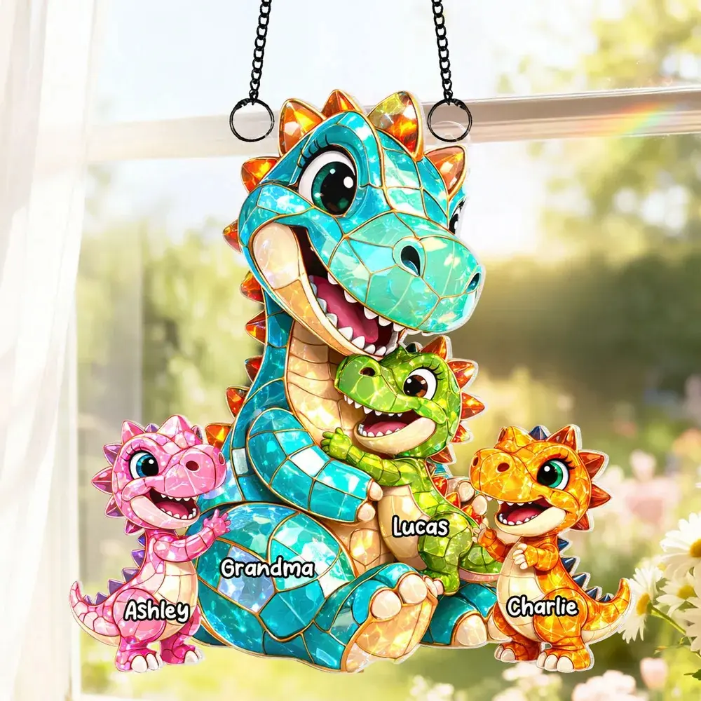 Personalized Dinosaur Grandma Grandkids Gift, Heartfelt Mother Day Gift For Wife Mom Nana, Custom Grand Kid Name, Stained Glass Suncatcher Ornament