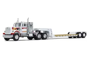 Western Star 4900 w/ 36" Vintage Flat Top Sleeper & Rogers Vintage Lowboy Trailer - White/Orange Diecast 1:64 Scale Model - DCP 60-1639