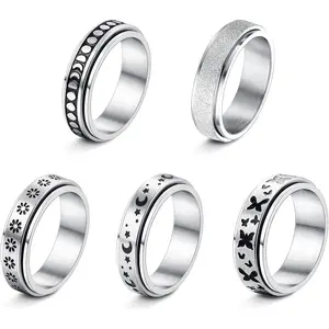 ZELORES 5Pcs Unisex Stainless Steel Spinner Rings - Elegant, Durable Casual Fidget Jewelry with Moon, Star, Butterfly Motifs for Stress Relief, Elegant Rings, Durable Rings