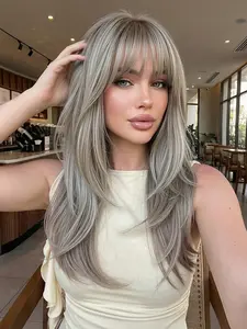 20 Inch Long Curly Wig with Bangs, Machine Made Synthetic Fiber, High Heat Resistant, Daily Wear, Fashionable Style, Synthetic Machine Wigs