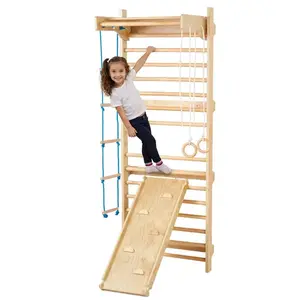 VEVOR Swedish Ladder Wall Gym,  5 in 1 Wooden Indoor Playground Climbing Toys, 220 lbs Load Capacity Swedish Wall Ladder with Pull-Up Bar, Gymnastic Rings, Wall Ladder, Rope Ladder, and Slide Board