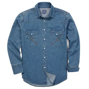 [Summer Outfit] Men's Washed Denim Work Shirt - Long Sleeve Cotton Button Down Shirt with Regular Fit for Casual & Work Wear