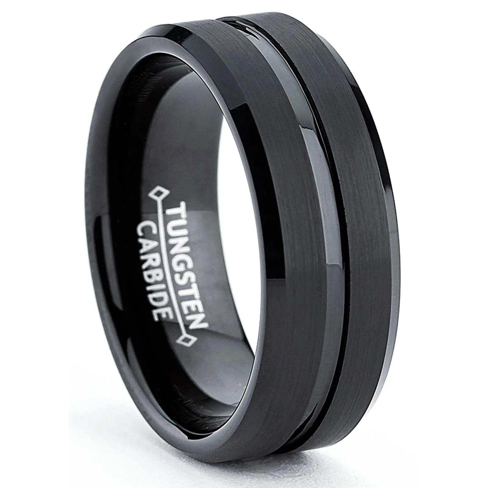 Men's Tungsten Ring Wedding Band Black Grooved Beveled Edge 8MM Sizes 7 to 15