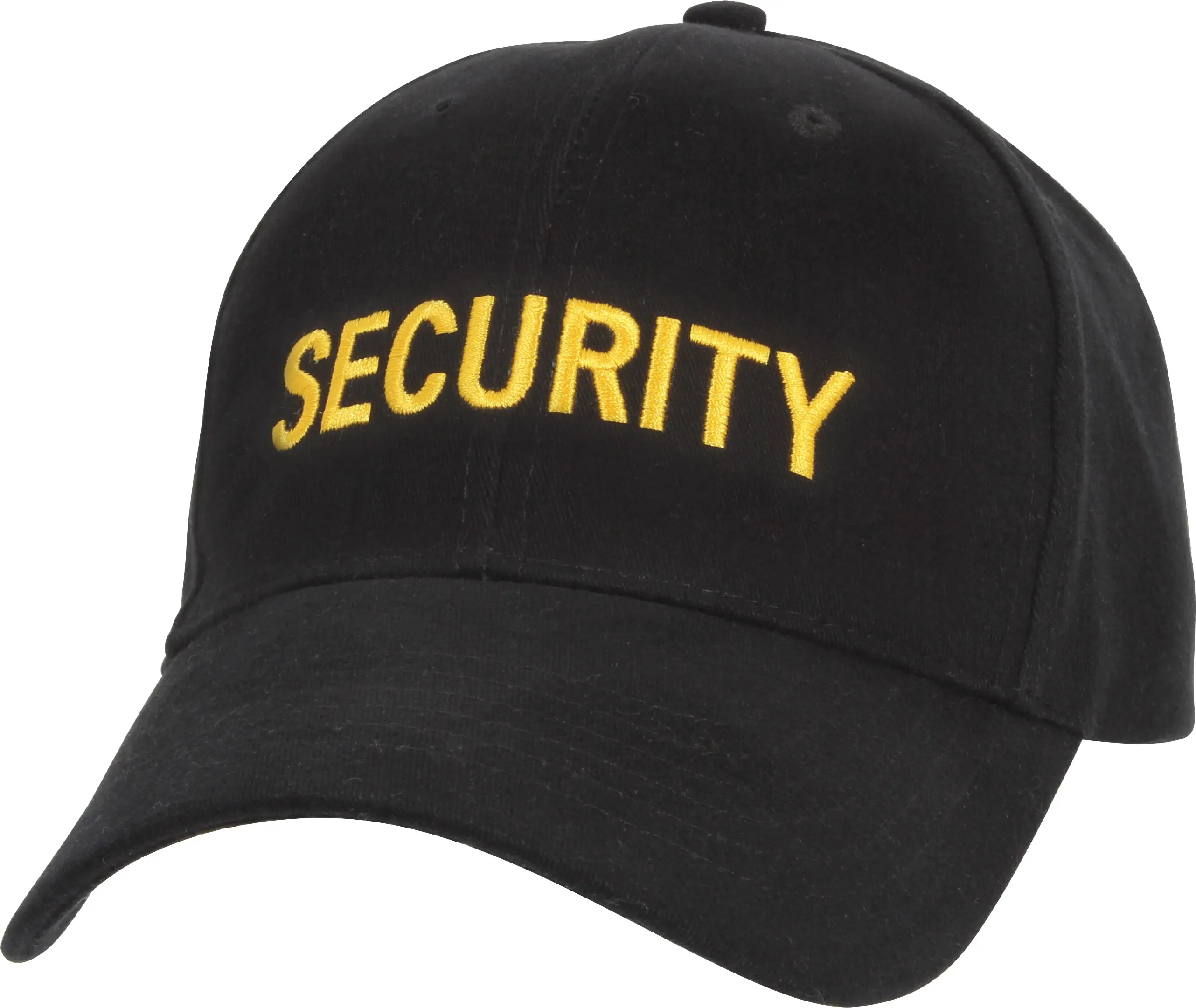 Unisex Black Low-Profile Security Printed Cap with Gold Letters, Brushed Cotton Twill, T-Sliding Adjustable Buckle, Padded Sweatband, One Size Fits Most, Embroidered Insignia for Public Safety Wear
