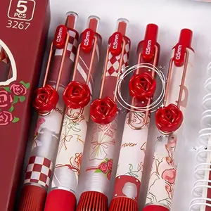 5pcs Flower Slide Click Pen Set, Soft Grip Pens, Smooth Writing, Quick Dry, High Aesthetic, Ideal Holiday Gift, Valentine's Day Present, Unique Pens
