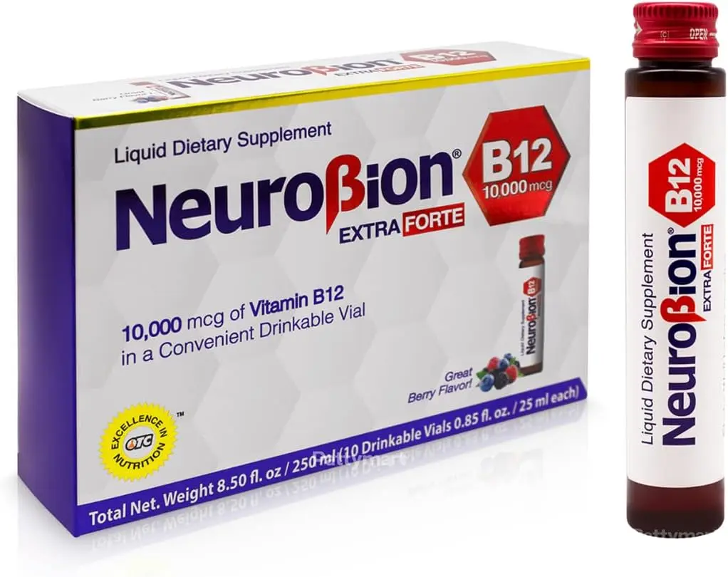 Neuro B12 Extra Forte Dietary Supplement - Edible, Healthcare 10 Vials, Strawberry Flavor, Contains Vitamins B12 & B6, Supports Energy, US-Made Multivitamin for Adults