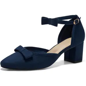 Coutgo Women's Chunky Low-Heel Suede Pumps, Closed Toe, Ankle Strap, Bow Accent, Elegant Rubber-Sole Footwear for Wedding, Party