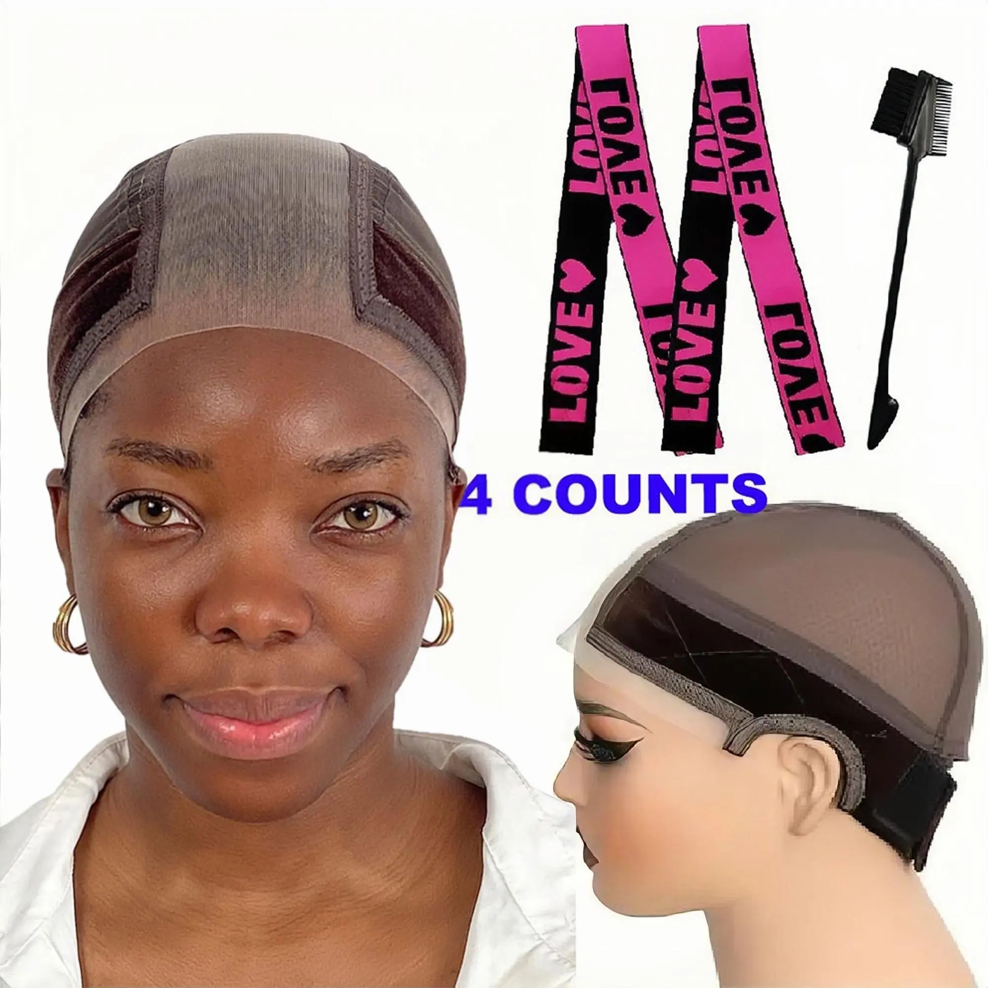 Lace Wig Grip Cap, 4 Counts/set Non-slip Wig Gripper for Keeping Wigs in Place, Adjustable Elastic Headband with Velcro, Hairdress Supplies for Women, Wig Install Kit