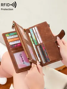 Ladies' foldable long PU leather wallet, Trifold wallet, with RFID anti-blocking feature, double zipper compartment design, multiple card slots and coin section, large capacity storage, comes with a detachable wrist strap, a daily essential