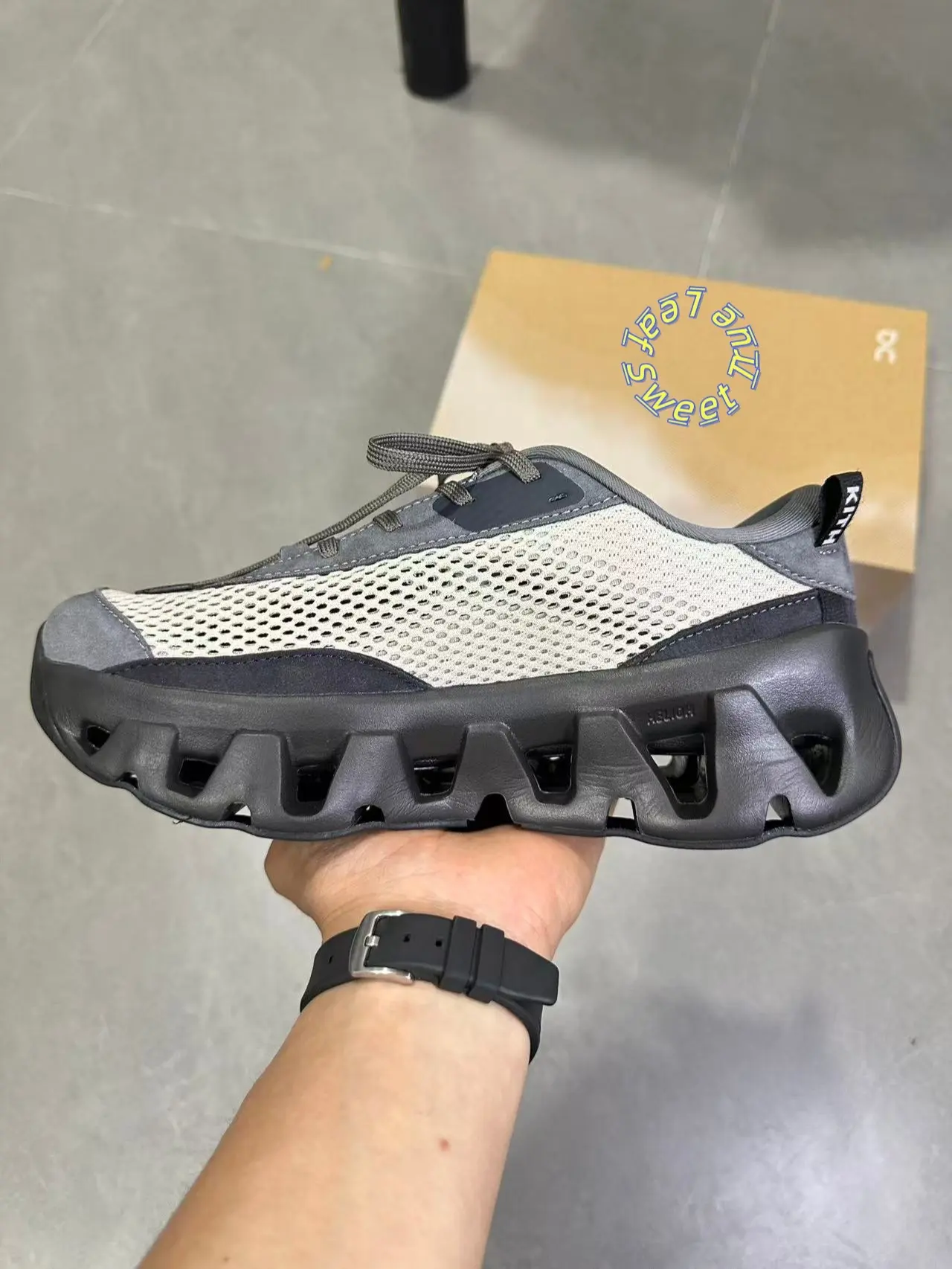 Lightweight Two Tone Grey Ventilated Perforated Mesh Knit Trainers Same Dark Gray Hollow Cutout Thick Cushion Platform Sole Shock Absorb Non Slip Soft Comfort Footwear Matching Grey Laces