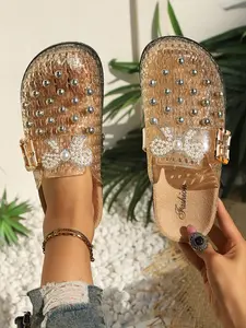 Women's Pearl Rhinestone Stud Jelly Mule Shoes, Transparent Slip-On Sandals with Bow and Buckle Decor, Summer Fashion Footwear