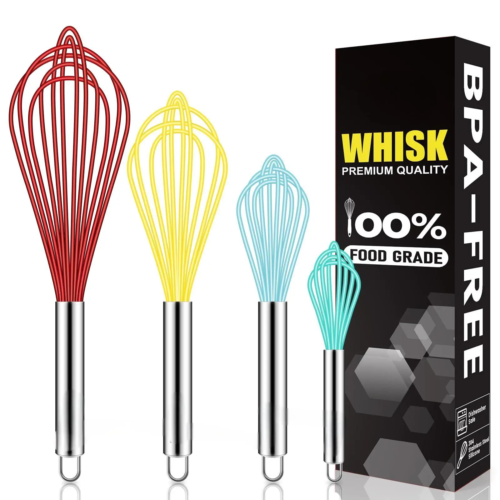 4-Piece Silicone Whisk Set, Wire Ball Whisk for Cooking Egg Beater