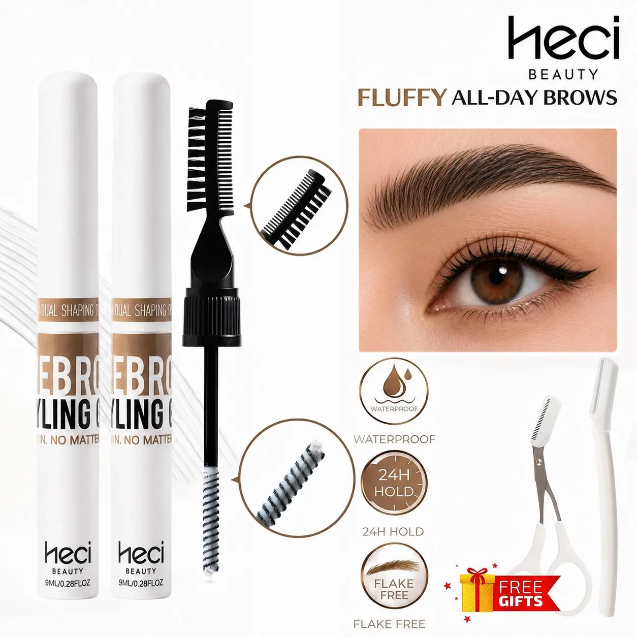 2-PCS Clear Brow Gel – Strong Hold Waterproof Eyebrow Styling Gel, 2-in-1 Dual Brush, 24H Fluffy Brows, Flake-Free | HECI
