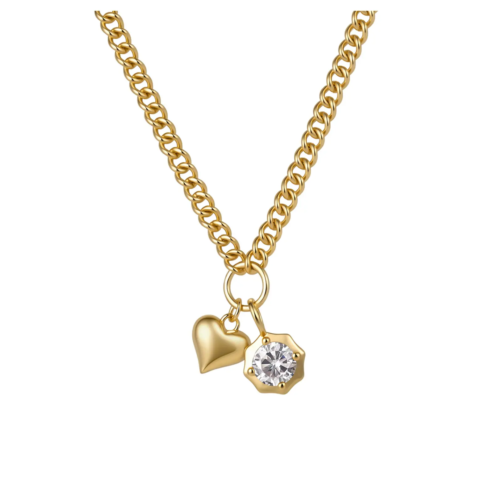 Aurem 14K Gold Plated Chunky Heart Necklace for Women, Double Charm Cuban Link Chain, Round Cubic Zirconia Pendant, Hypoallergenic Jewelry