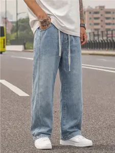 Men's Lyocell Linen Fabric Baggy Wide Leg Jeans - 3D Panelled Summer Lightweight Denim Straight Pants, Soft Skater-Style Drawstring Ice-Cool Relaxed Fit Trousers (Pair with Sneakers/Tee) summerwins