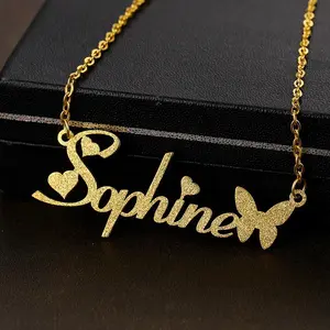 AS059 DIY Stainless Steel Pressed Sand Butterfly Name Necklace Customized English Letter Necklace For Mother's Day
