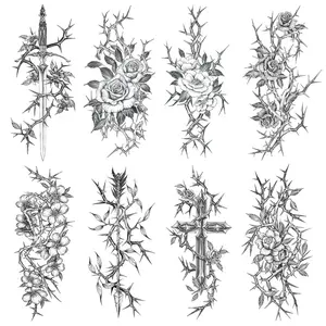 8 Sheets Arm Waterproof Body Art Temporary Tattoos Black Sword Thorns Flower Rose Cross