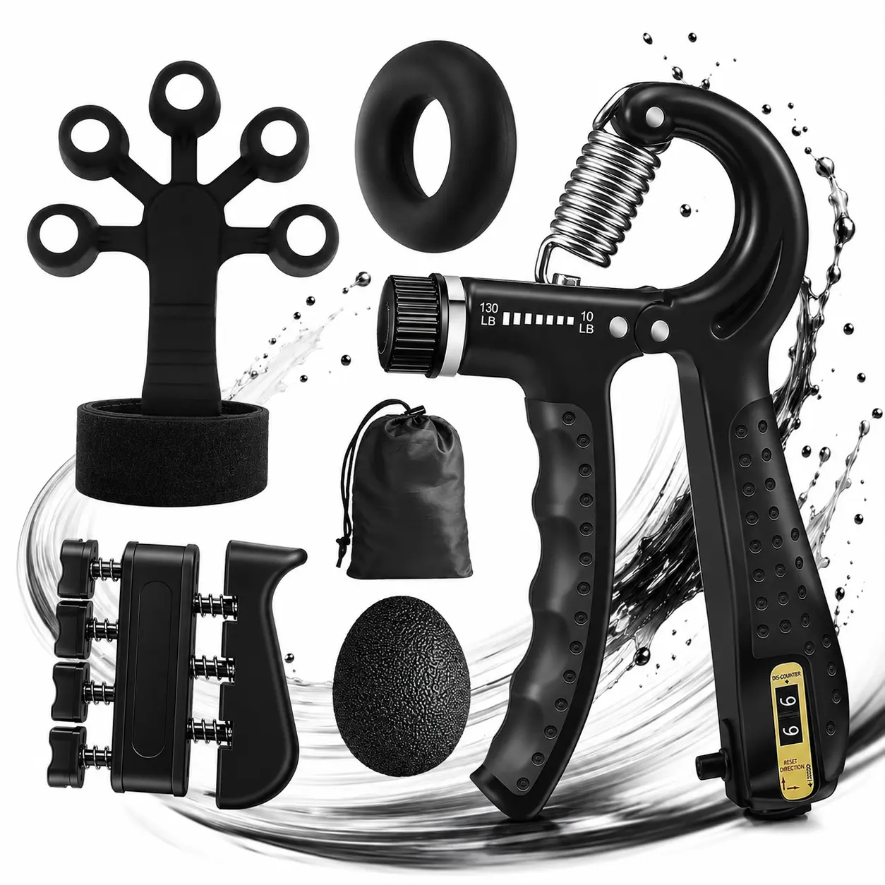Unisex Silicone Hand Grip Strengthener Workout Kit (5-Pack/10-Pack) - 1 Multi-Level Adjustable Resistance Hand Gripper (10-132 lbs), 4 lb Finger Stretcher, Grip Ring, Stress Relief Ball for Rock Climbing Athletes