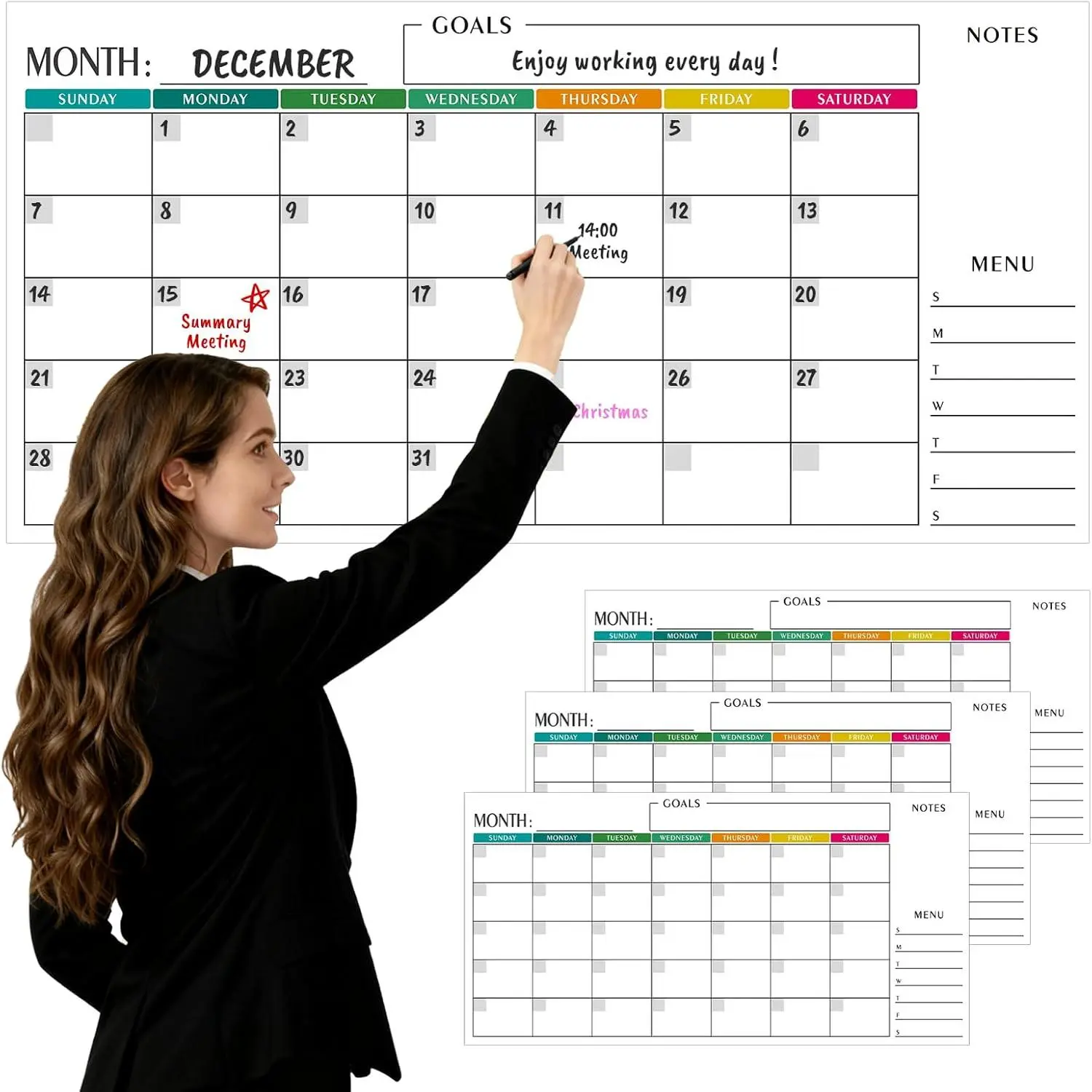 3-Pack Dry Erase Wall Calendar - 15"x30" Double-Sided , No Date , Includes 4 Markers & 40 Adhesive Stickers, for  Office (Paper Box Packed)