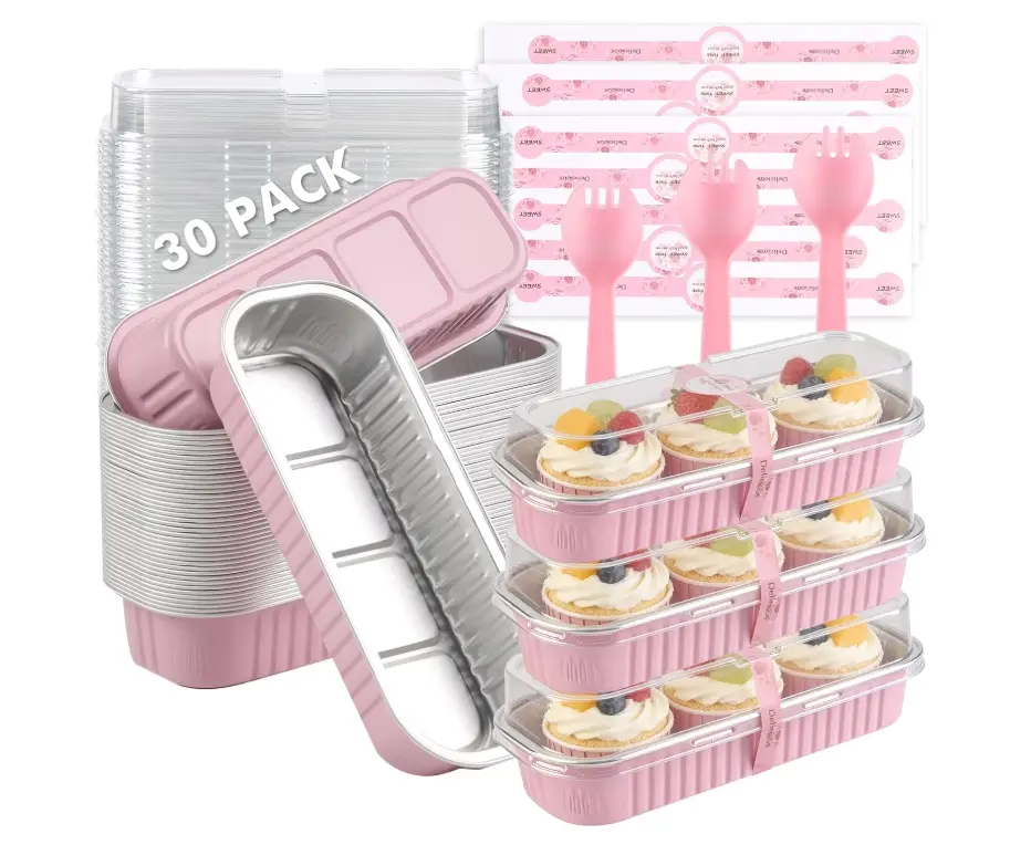 30 Pack Mini Loaf Cake Pan with Lids and Spoons, 6.8oz Small Disposable Aluminum Cake Tin Foil Pans, Rectangular Mini Loaf Bread Pans with Lids for Baking,Party,Picnics,Holidays (Pink)