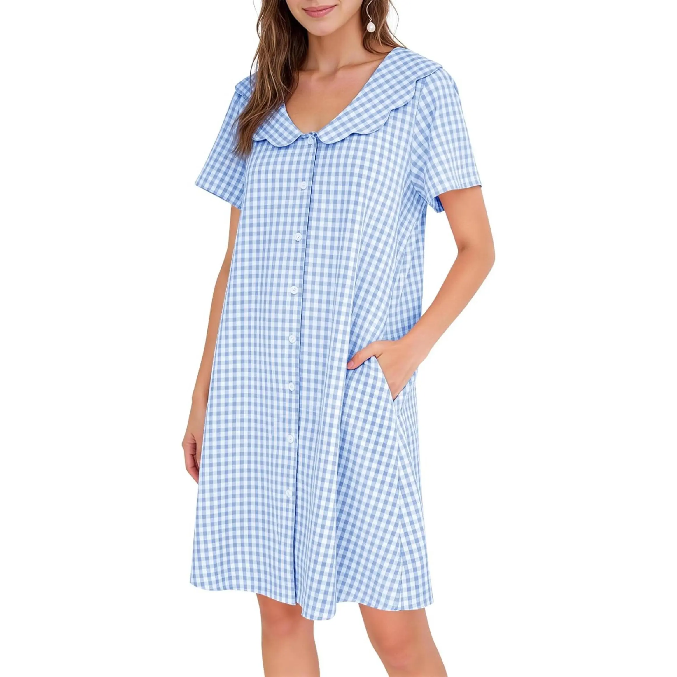 100% Cotton Nightwear for Women, Gingham Button-Down Sleep Dress with Pockets, Breathable Summer Casual Wear Clothes, Loungewear, Night Gown, Standard Sizes