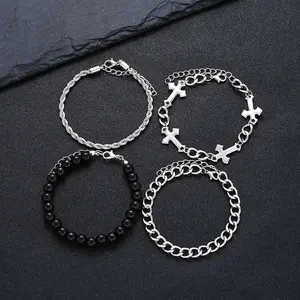 Unisex 4-Piece Stainless Steel Jewelry Set - Punk Cross Beads Bracelet, Bracelet Chain, Stainless Steel Bangle, Sports Wristband Accessory for Everyday Wear