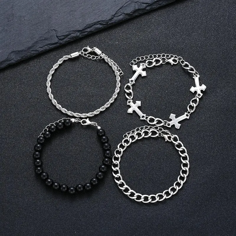 Unisex 4-Piece Stainless Steel Jewelry Set - Punk Cross Beads Bracelet, Bracelet Chain, Multilayered Stainless Steel Bangle, Sporty Wristband, Men's Everyday Accessory Charm for Bag Accessories, Multilayered Bangles, Men's Jewelry, Work Meetings, Men's Ac