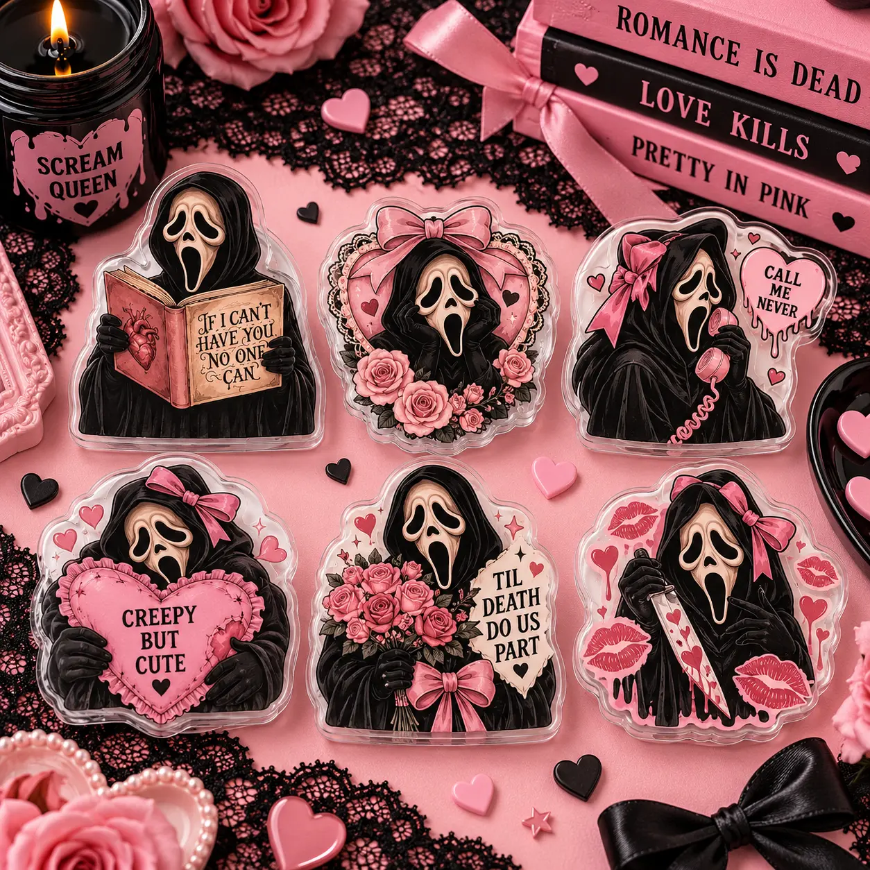 Cute Pink Coquette Horror Phone Grip Holder, Spooky Valentine Phone Stand, Kawaii Aesthetic Phone Accessory, Girly Cute Phone Grip for Women and Teens