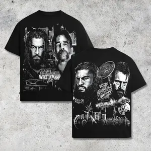 [WWE] Roman Reigns vs CM Punk WrestleMania Las Vegas WWE Premium Wrestling T Shirt 100% Cotton Graphic Tee World Heavyweight Championship Shirt, Tribal Chief vs Best in the World Tee, Wrestling Fans Shirt, WWE Event Outfit Unisex