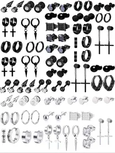 46 Pairs Punk Style Stainless Steel Earrings Set, Fashion Studded Cross & Chain Design Earrings for Party, Daily Decor, Trendy All-match & Exquisite Jewelry for Birthday Gift, Trendy Fashionable Accessories