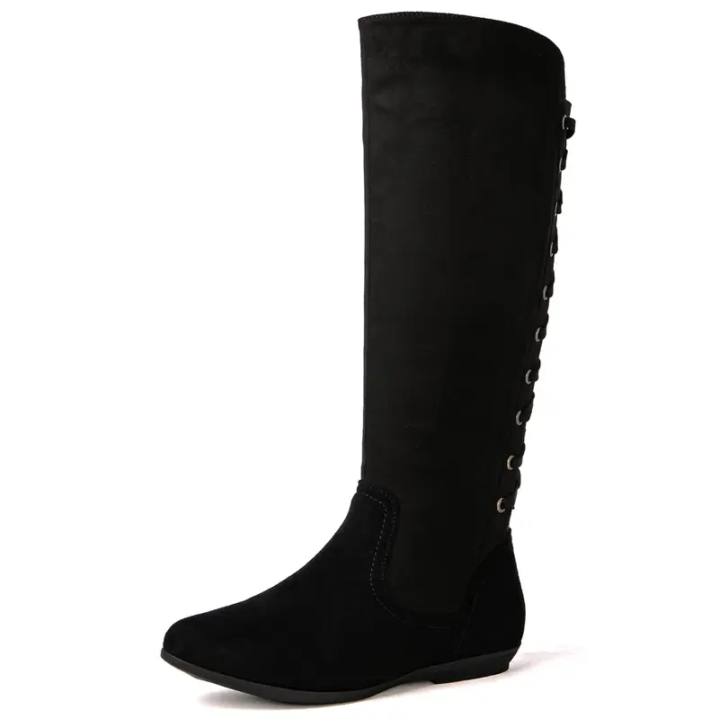 GLOBALWIN Women's Black Wide Calf Knee-High Flat Boots - Sturdy Sole, Zipper Closure for Quick Dressing, Footwear Fashion (Size 10M)