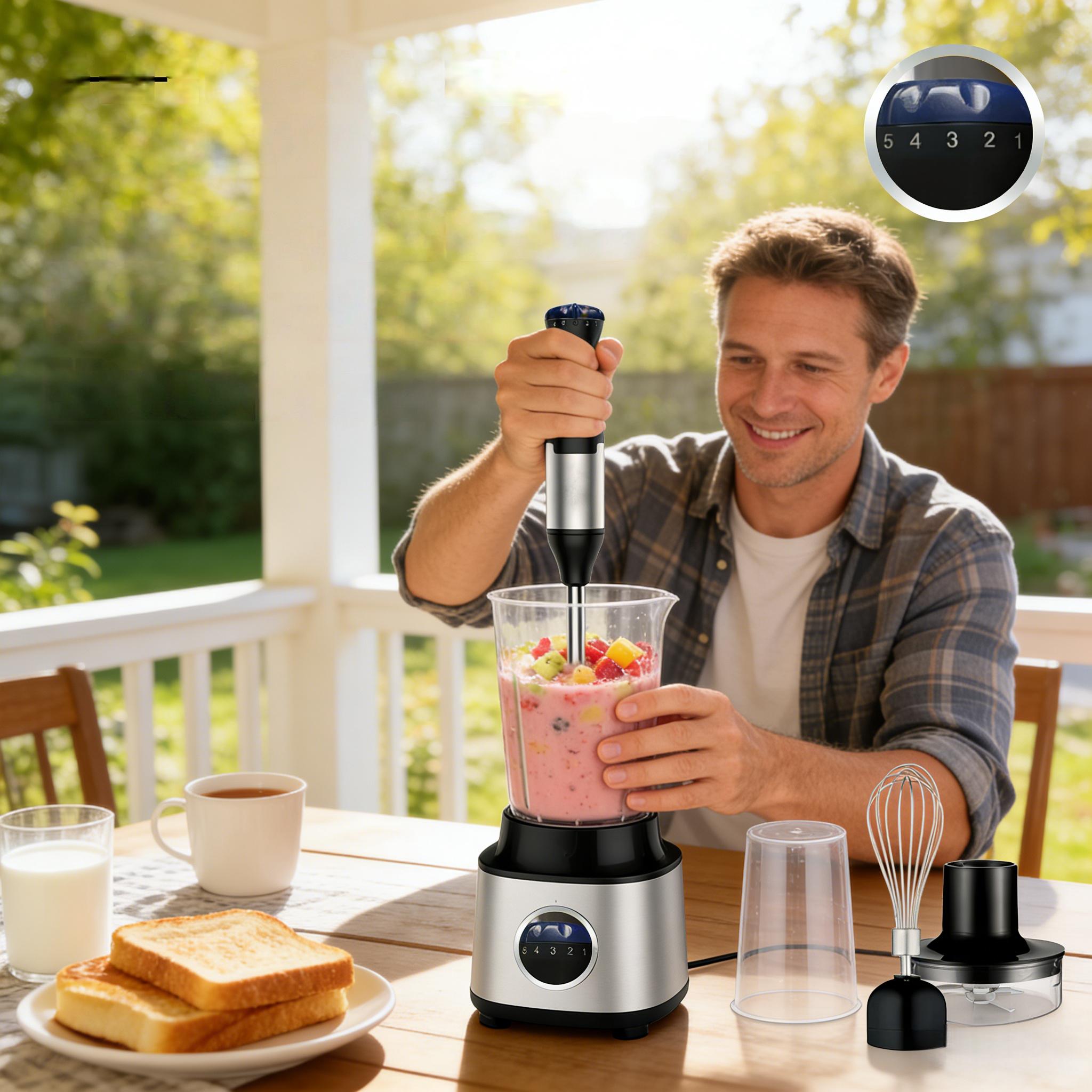 700W Immersion Blender Handheld Four in One Blender Rod, Used for Crushing Ice Sand, Baby Food, Soup, Manual Blender Turbocharged Stainless Steel Blades, Comes with Whiskey, Chopper, and Beaker