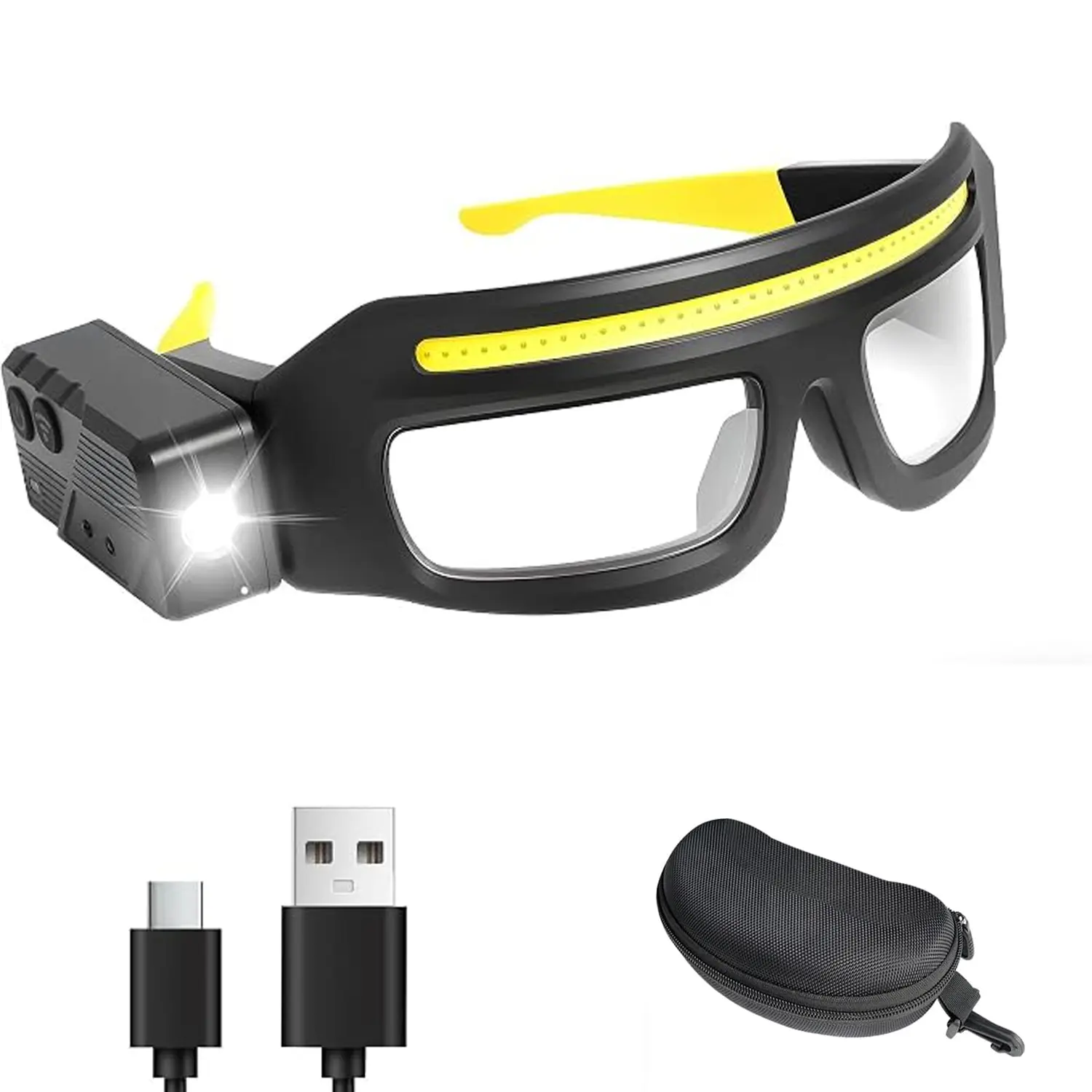 Headlight Safety Glasses with COB Floodlight & Spotlight LED Light, LED Rechargeable USB C Light Up Glasses Lighted Eyewear for Running Camping Fishing Cycling Hiking