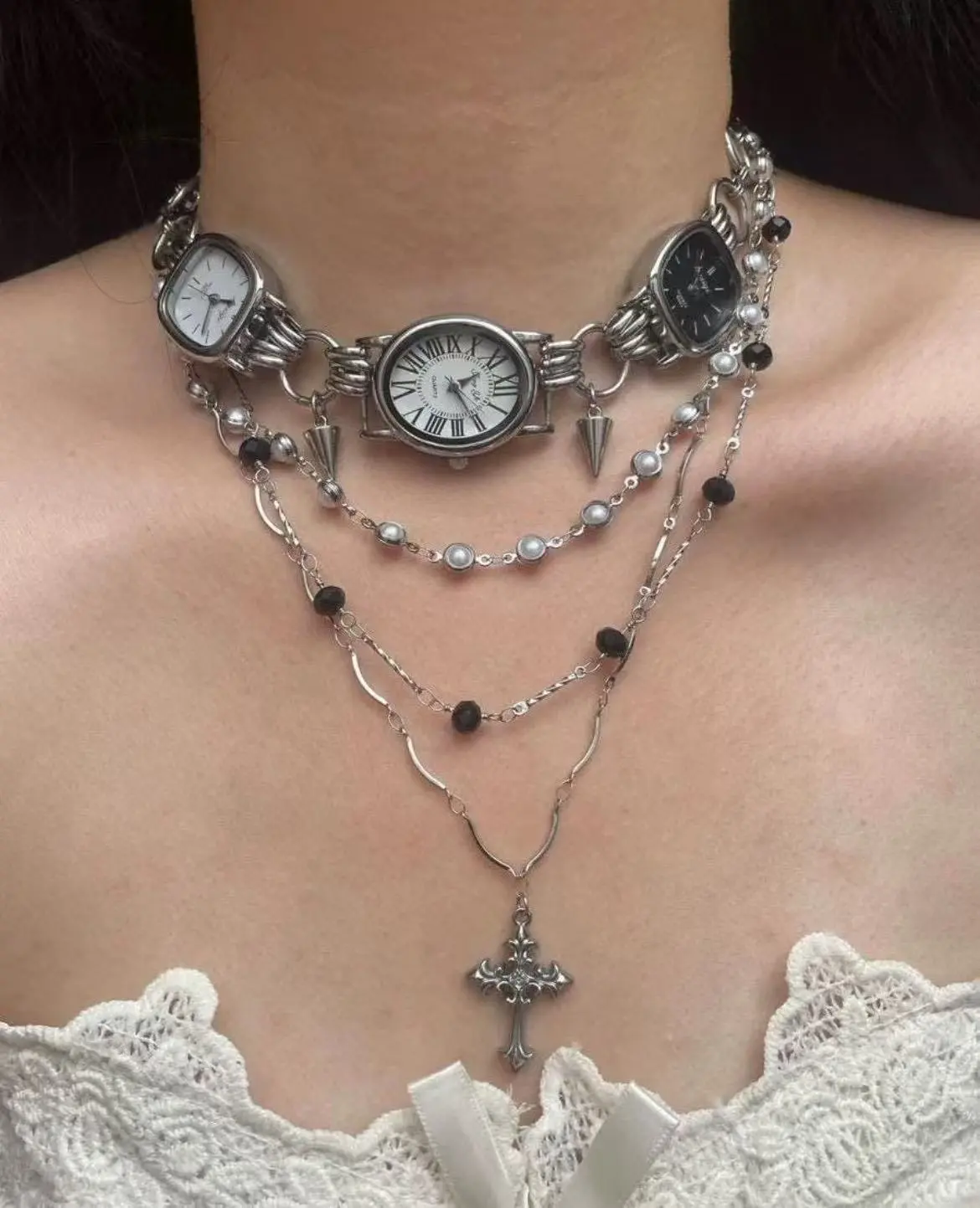 Vintage-Inspired Round Watch Necklace for Women with Cross Charm and Black White Pearl Pendants – Aesthetic Y2K Cyberpunk Choker Jewelry That Blends Elegance with Edgy Street Style, Perfect for Layered Looks and Trendy Outfits That Turn Heads Instantly