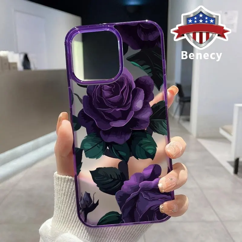 Magnetic Smartphone Casing for iPhone 16 Pro Max,15 Plus,14,13,12,11,XS,XR,E - Shockproof Soft Silicone Transparent Acrylic Cover with Purple Rose Reverie Pattern, Wireless Charging Support, Handheld Devices Protection, Accessories