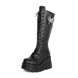 Women's Knee High Goth Platform Buckle Boots Chunky High Heel Lace Up Punk Combat Boots with Chain