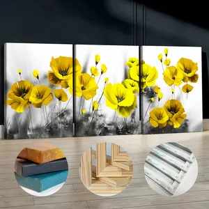 3Pcs Wooden Framed Canvas Painting, Yellow Poppies Flowers Abstract Painting, Exquisite Poster, Home Decoration, Pattern Wall Art Decor, For Living Room, Bedroom, Office, Restaurant, Bar Wall Decor, Waterproof, Odorless, Painting, Print Artwork.