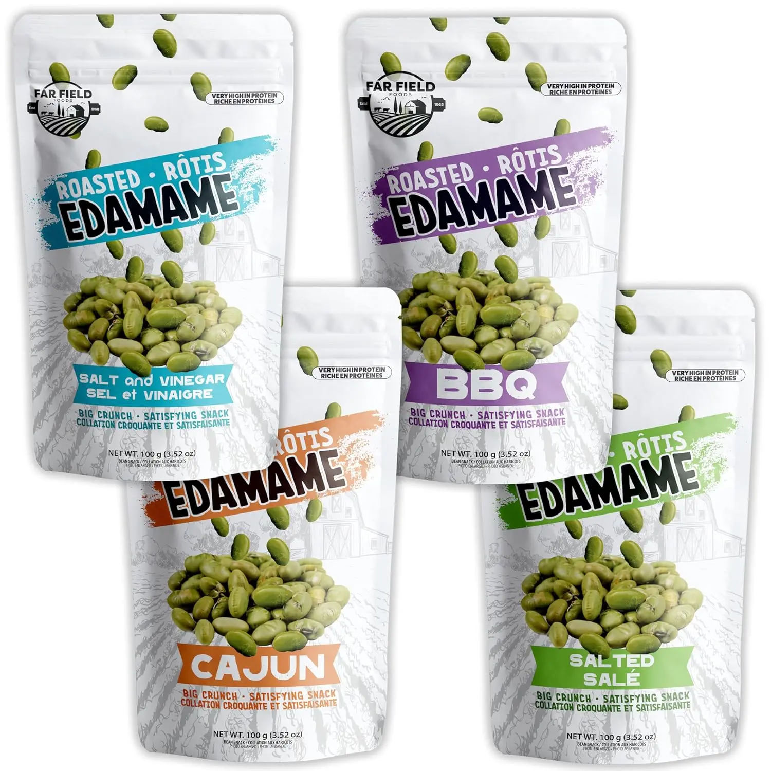 Far Field Crunchy Roasted Edamame, 42g Plant Protein | 4 Bags x 100g each, High-Protein Snack, Keto, Low-Carb