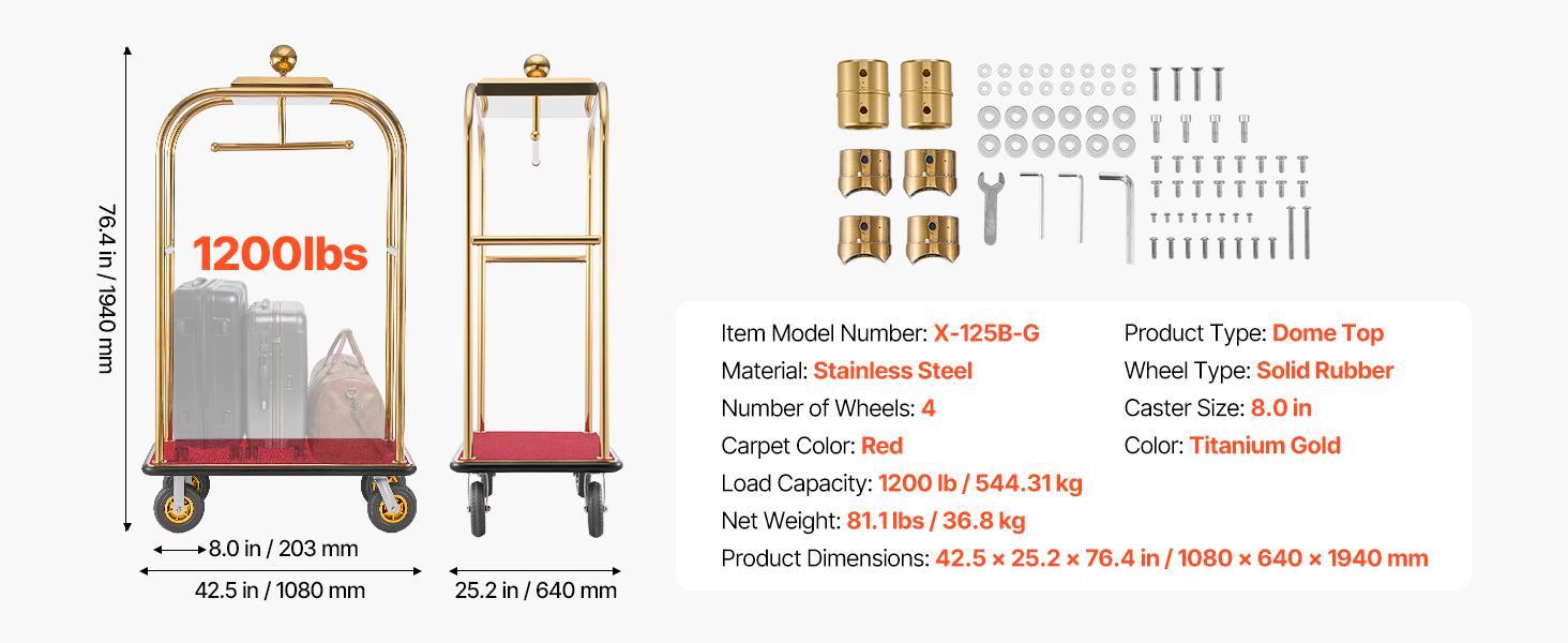 VEVOR Hotel Luggage Cart, 1200 lbs Heavy Duty Bellman Cart with Stainless Steel Frame, 8 in Rubber Wheels, Red Carpeted Deck, Commercial Luggage Carrier Rolling Trolley for Hotels, Resorts, Gold