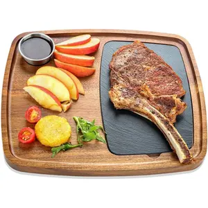 Acacia  Serving Plate with Sauce Cup & Removable Slate Insert for Meat Sausages Cheese, Steak Serving Tray  Board Serving Platter Cheese Platter  for Housewarming Christmas