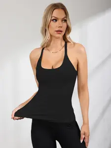 Women’s Black Sleeveless Tank Top, High Stretch Slim Fit Basic Casual Top, Scoop Neck Workout Yoga Camisole for Gym & Daily Wear