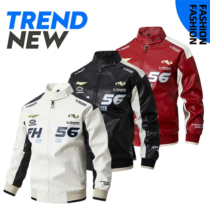 Men’s retro racing-style faux leather jacket, zip stand collar motorcycle aviator outerwear, color-block appliqué print casual streetwear jacket for everyday wear