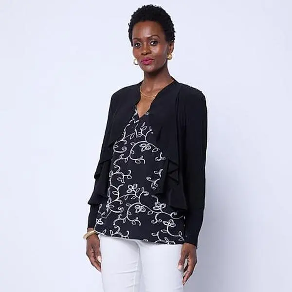 Nina Leonard Ruffled Edge Bolero with Sequin Mesh Knit Back Panel