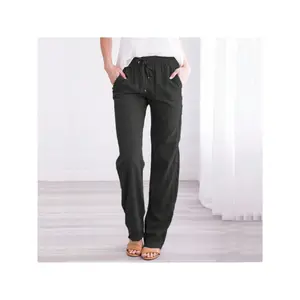 Linen Pants Women Summer Wide Leg Pants Drawstring Elastic Waist Wide Leg Pants High Waisted Lounge Pants Casual Yoga Beach Trousers With Pockets Fit Black