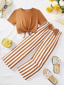 Girl's Solid Color Tee & Striped Print Bow Decor Pants Set, Casual Short Sleeve T-shirt & Trousers for Summer, Kids Clothes for Daily Wear, Tops, Striped Sets