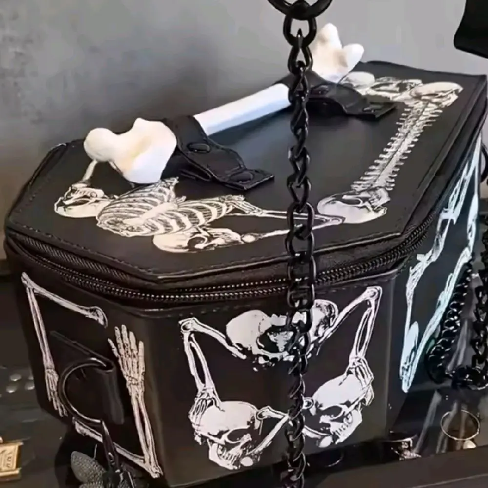 Kreepsville 666 Black Bone Coffin Leather Handbag with Chain Strap and Unique Design Elements
