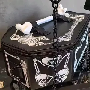 Kreepsville 666 Black Bone Coffin Leather Handbag with Chain Strap and Unique Design Elements