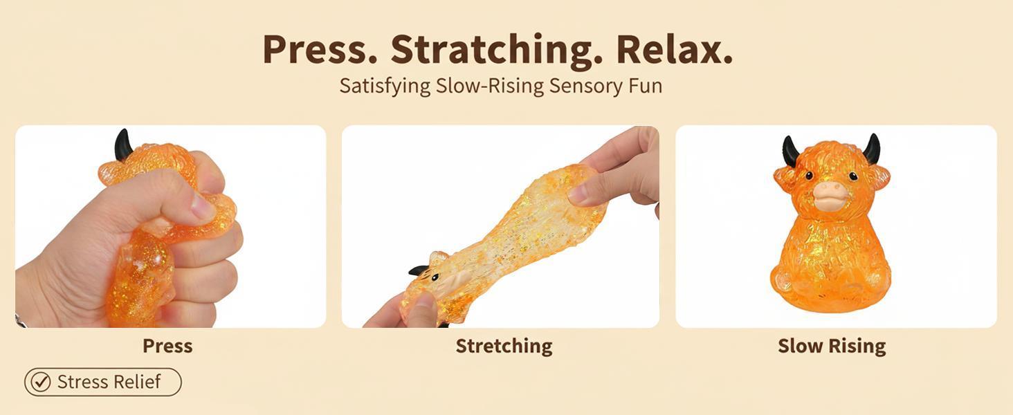 Highland Cow Squishy, Mini Cute Animal Squeeze Toy for Adults, Slow Rising Sensory Fidget Stress Ballfor Anxiety Relief, Easter Basket Stuffer Party Favor Gift for Cow Lover